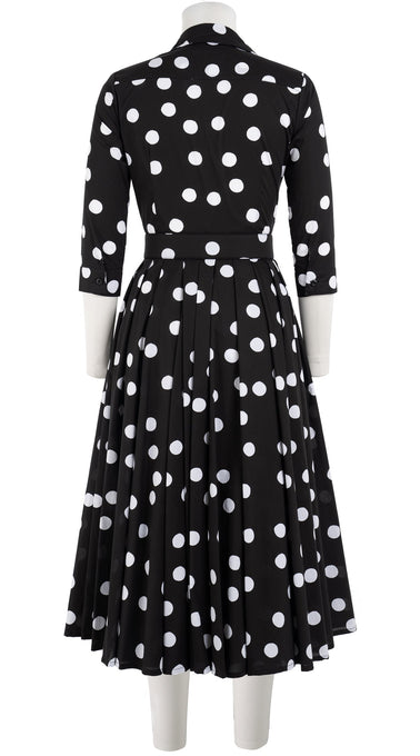 Vivien Dress Shirt collar 3/4 Sleeve Midi Length Cotton Lawn (Fellini Dots Small Bright)