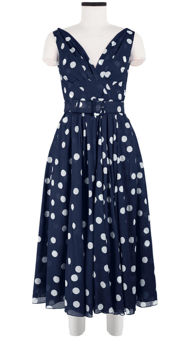 Vivien Dress #1 V Neck Sleeveless Midi Length Cotton Musola (Fellini Dots Small Bright)