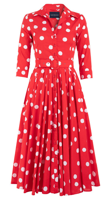 Vivien Dress Shirt collar 3/4 Sleeve Midi Length Cotton Lawn (Fellini Dots Small Bright)