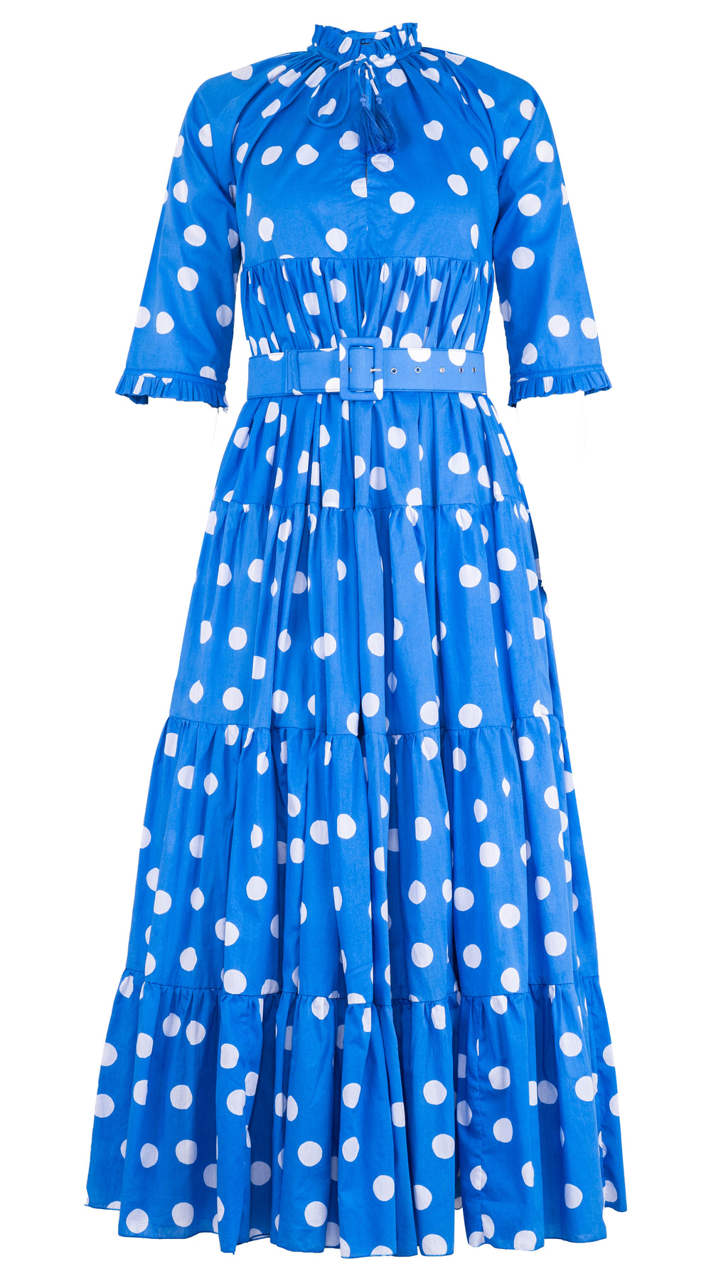 Eden Dress Crew Neck 3/4 Sleeve with Hamilton Belt Maxi Length Cotton Musola (Fellini Dots)