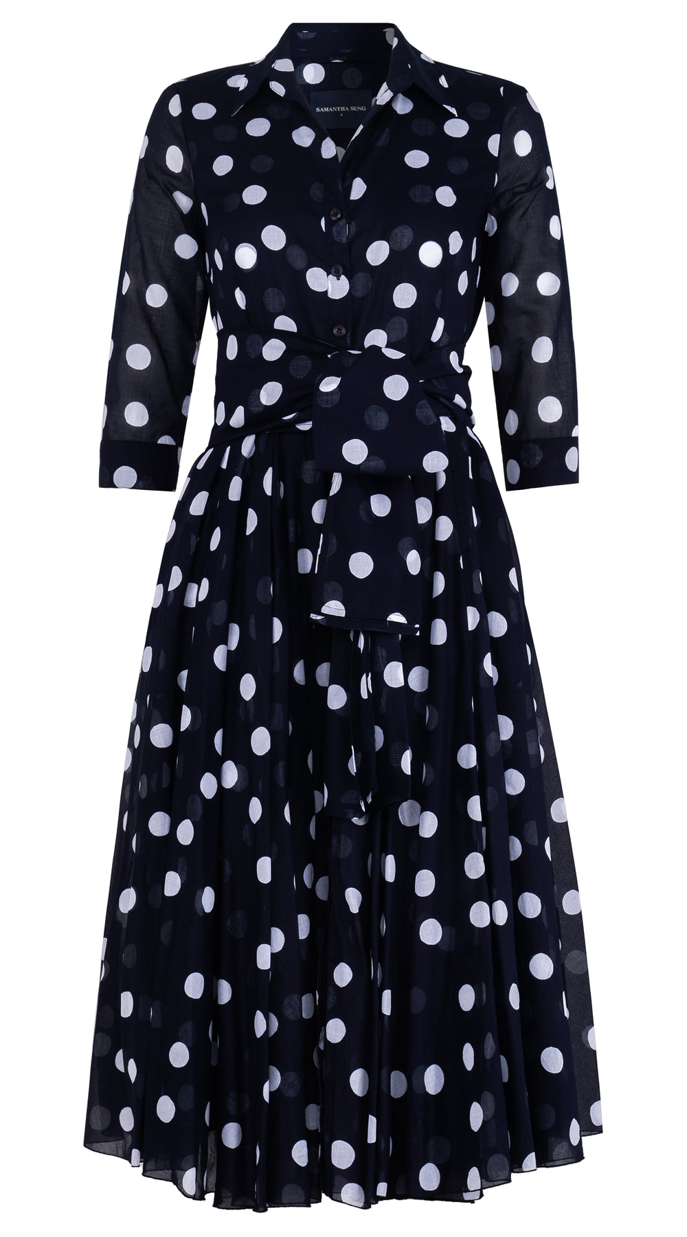 Aster Dress Shirt Collar 3/4 Sleeve Midi Length Cotton Musola (Fellini Dots)