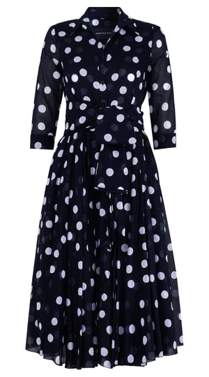 Aster Dress Shirt Collar 3/4 Sleeve Midi Length Cotton Musola (Fellini Dots)