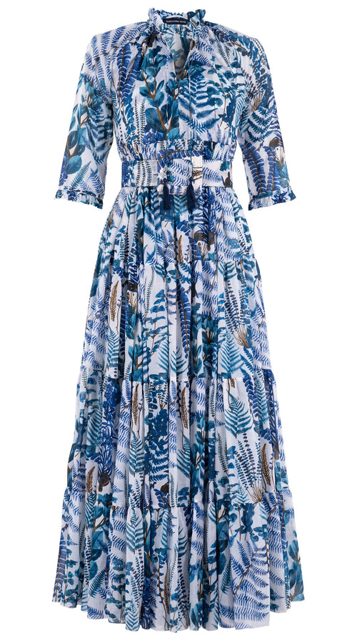 Eden Dress Crew Neck 3/4 Sleeve with Hamilton Belt Maxi Length Cotton Musola (Fern Multi White)