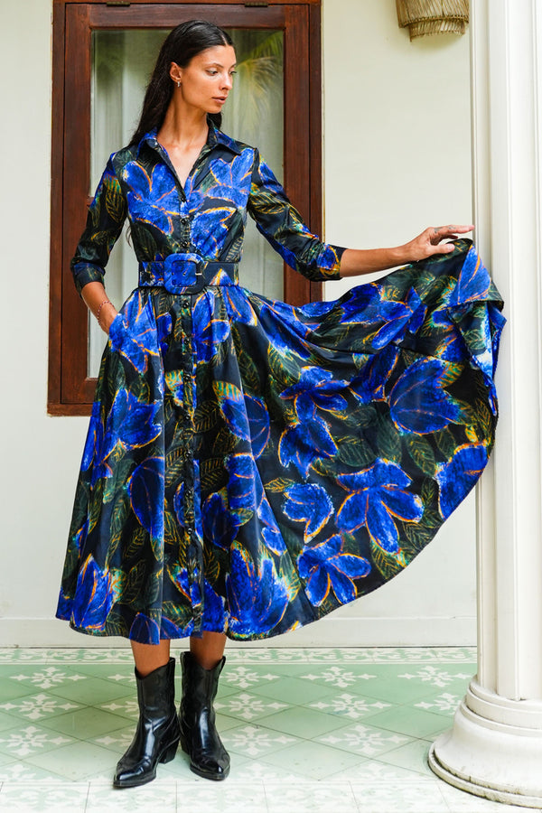 Avenue Dress Shirt Collar 3/4 Sleeve Midi Plus Length Poliamide Taffta (Fiori Cactus Multi Dark)