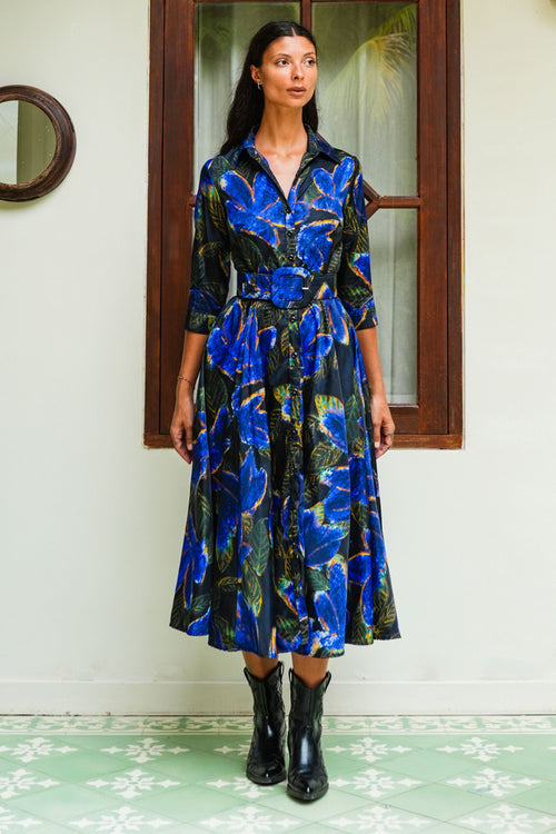Avenue Dress Shirt Collar 3/4 Sleeve Midi Plus Length Poliamide Taffta (Fiori Cactus Multi Dark)