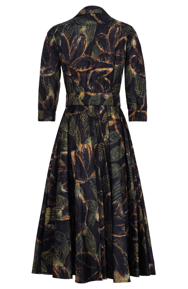Aster Dress Shirt Collar 3/4 Sleeve Midi Length Poliamide Taffta (Fiori Cactus Multi Dark)