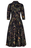 Aster Dress Shirt Collar 3/4 Sleeve Midi Length Poliamide Taffta (Fiori Cactus Multi Dark)