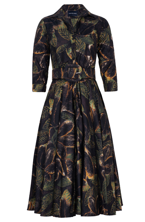 Aster Dress Shirt Collar 3/4 Sleeve Midi Length Poliamide Taffta (Fiori Cactus Multi Dark)