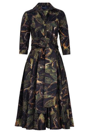 Aster Dress Shirt Collar 3/4 Sleeve Midi Length Poliamide Taffta (Fiori Cactus Multi Dark)