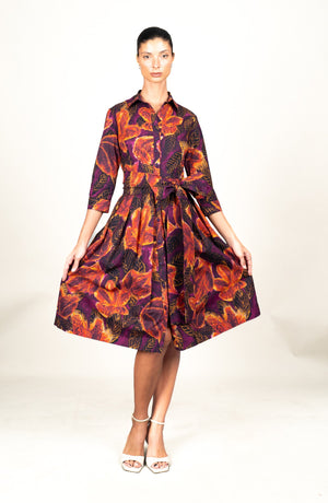 Audrey Dress #1 Shirt Collar 3/4 Sleeve Long Length Cotton Stretch (Fiori Cactus Multi Dark)