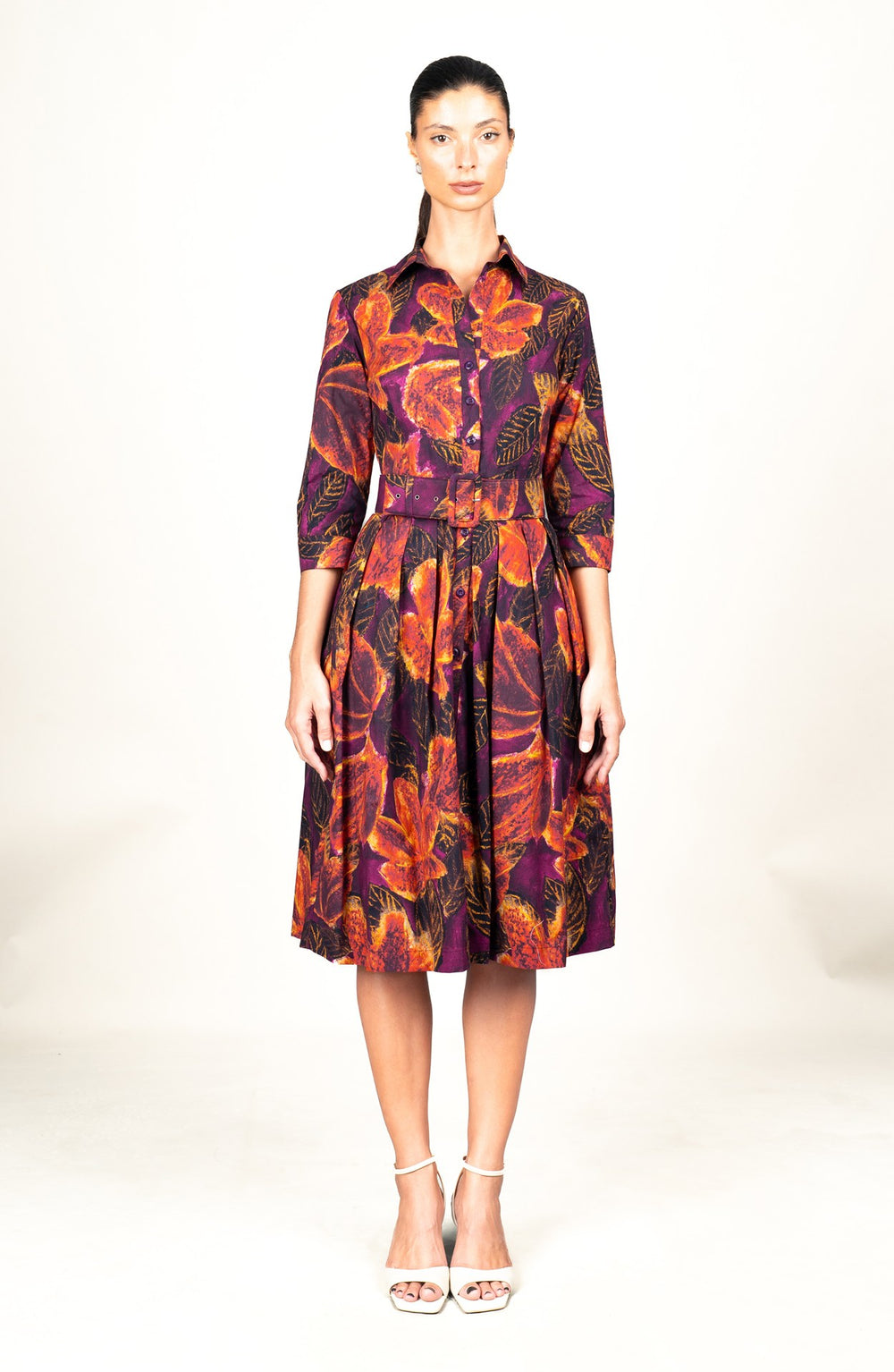 Audrey Dress #1 Shirt Collar 3/4 Sleeve Long Length Cotton Stretch (Fiori Cactus Multi Dark)