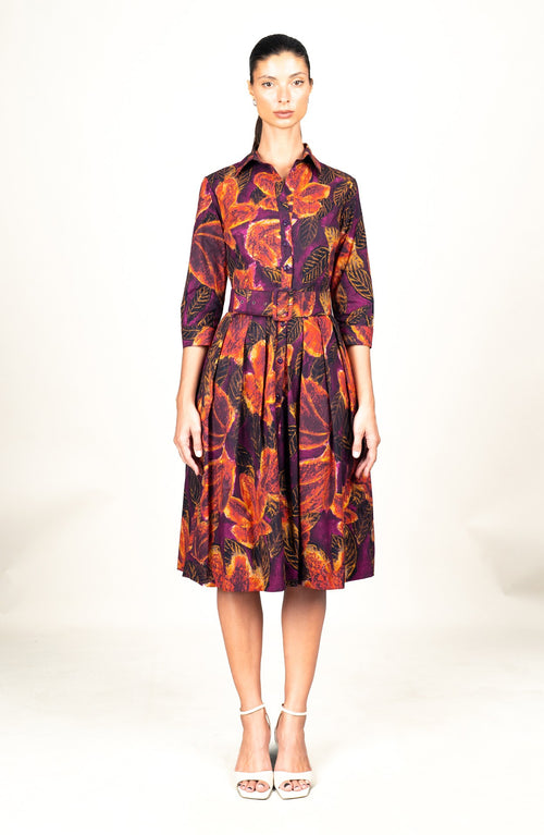 Audrey Dress #1 Shirt Collar 3/4 Sleeve Long Length Cotton Stretch (Fiori Cactus Multi Dark)