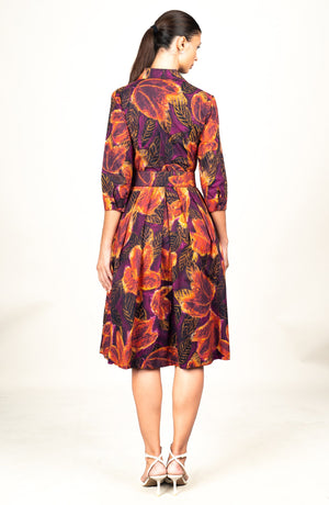 Audrey Dress #1 Shirt Collar 3/4 Sleeve Long Length Cotton Stretch (Fiori Cactus Multi Dark)