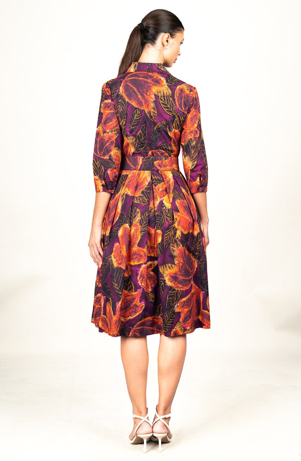 Audrey Dress #1 Shirt Collar 3/4 Sleeve Long Length Cotton Stretch (Fiori Cactus Multi Dark)