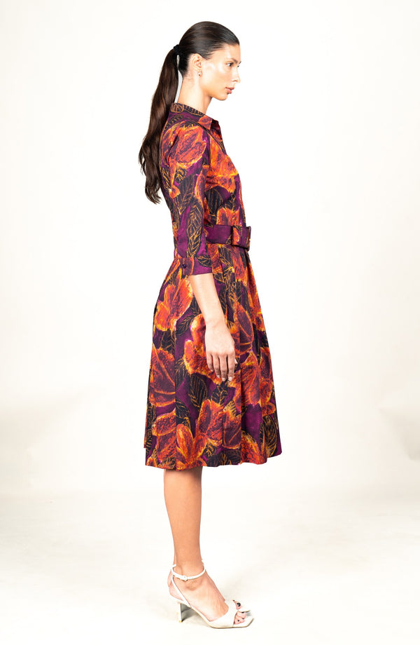 Audrey Dress #1 Shirt Collar 3/4 Sleeve Long Length Cotton Stretch (Fiori Cactus Multi Dark)
