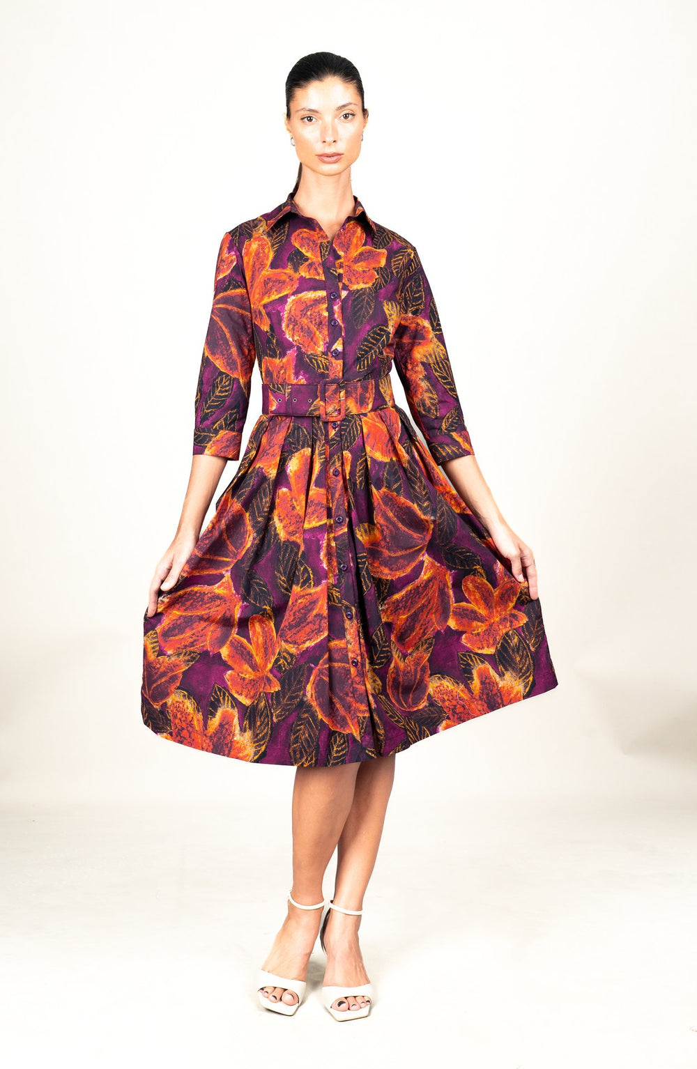Audrey Dress #1 Shirt Collar 3/4 Sleeve Long Length Cotton Stretch (Fiori Cactus Multi Dark)