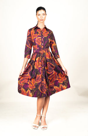 Audrey Dress #1 Shirt Collar 3/4 Sleeve Long Length Cotton Stretch (Fiori Cactus Multi Dark)