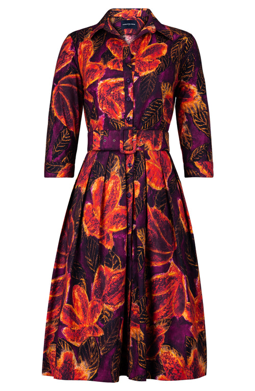 Audrey Dress #1 Shirt Collar 3/4 Sleeve Long Length Cotton Stretch (Fiori Cactus Multi Dark)