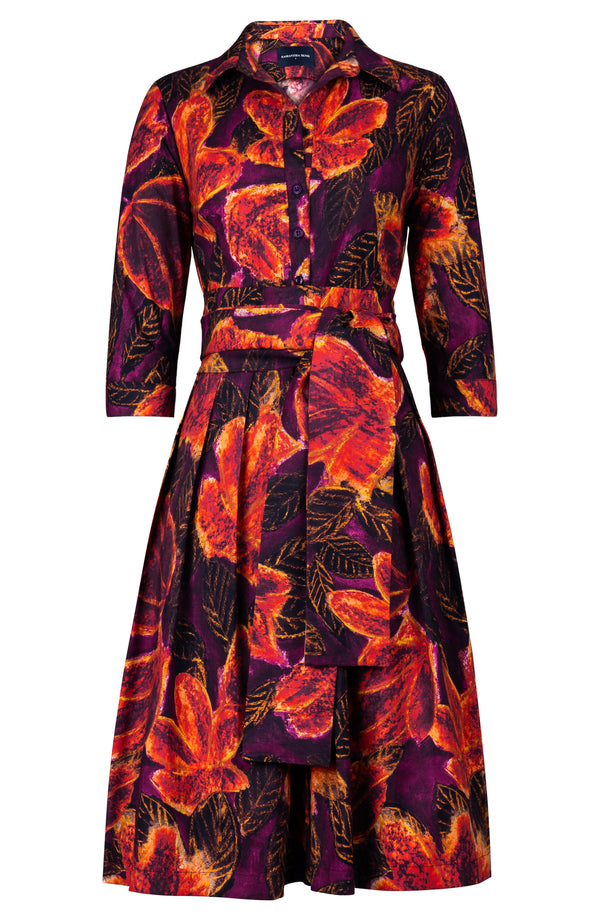 Audrey Dress #1 Shirt Collar 3/4 Sleeve Long Length Cotton Stretch (Fiori Cactus Multi Dark)