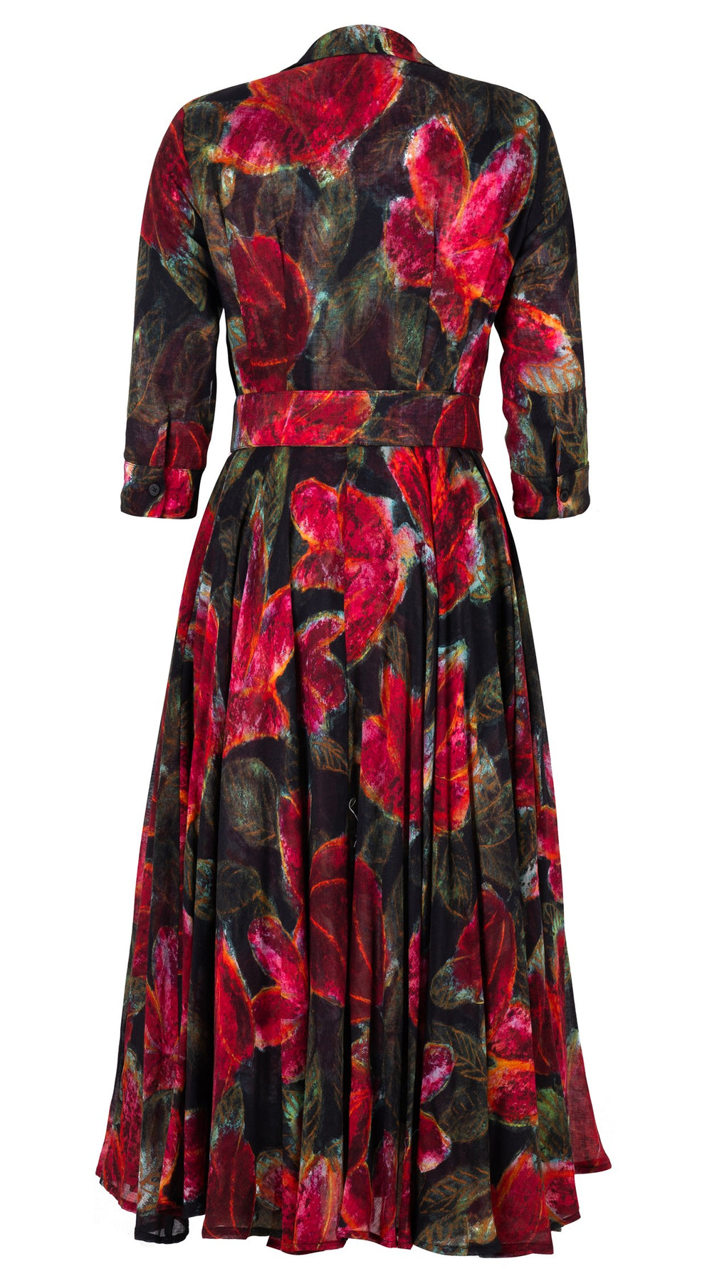 Aster Dress Shirt Collar 3/4 Sleeve Midi Length Wool (Fiori Cactus) - Black Red