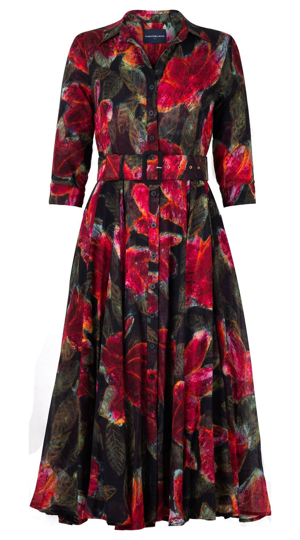 Aster Dress Shirt Collar 3/4 Sleeve Midi Length Wool Musola (Fiori Cactus) - Black Red