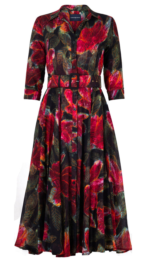 Aster Dress Shirt Collar 3/4 Sleeve Midi Length Wool Musola (Fiori Cactus) - Black Red