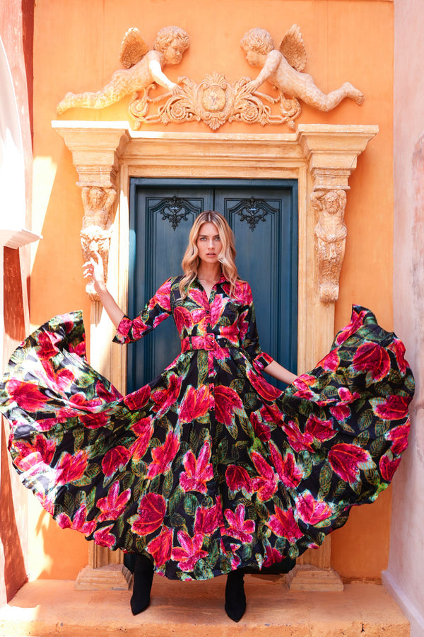 Aster Dress Shirt Collar 3/4 Sleeve Maxi Length Silk Twill (Fiori Cactus) - Black Red