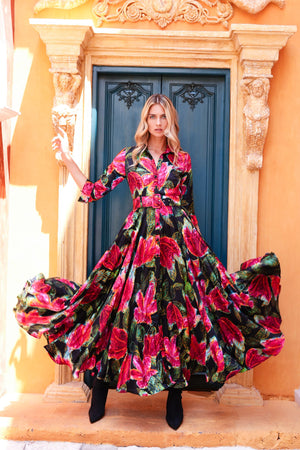 Aster Dress Shirt Collar 3/4 Sleeve Maxi Length Silk Twill (Fiori Cactus) - Black Red