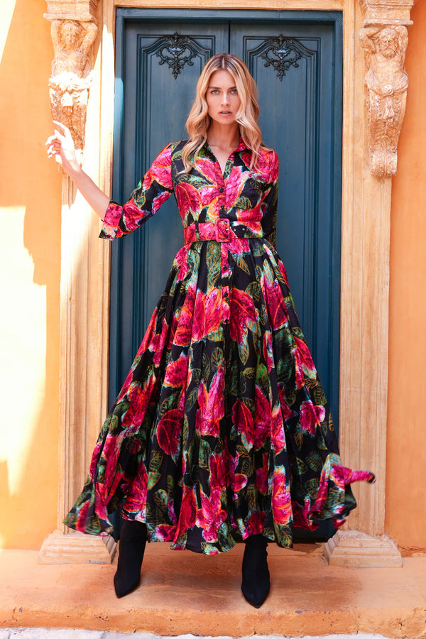 Aster Dress Shirt Collar 3/4 Sleeve Maxi Length Silk Twill (Fiori Cactus) - Black Red