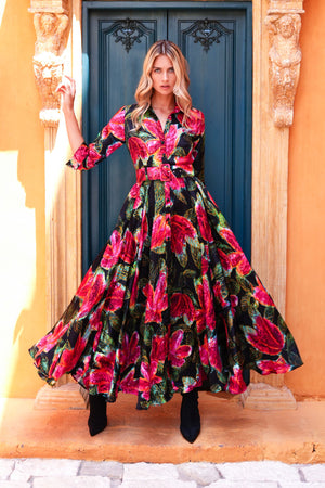 Aster Dress Shirt Collar 3/4 Sleeve Maxi Length Silk Twill (Fiori Cactus) - Black Red