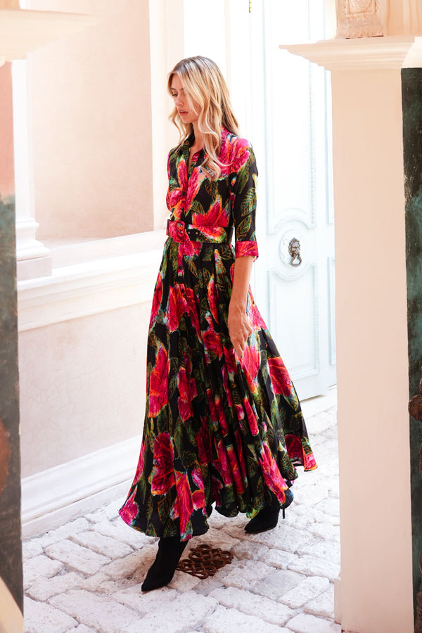 Aster Dress Shirt Collar 3/4 Sleeve Maxi Length Silk Twill (Fiori Cactus) - Black Red