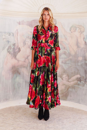 Aster Dress Shirt Collar 3/4 Sleeve Maxi Length Silk Twill (Fiori Cactus) - Black Red