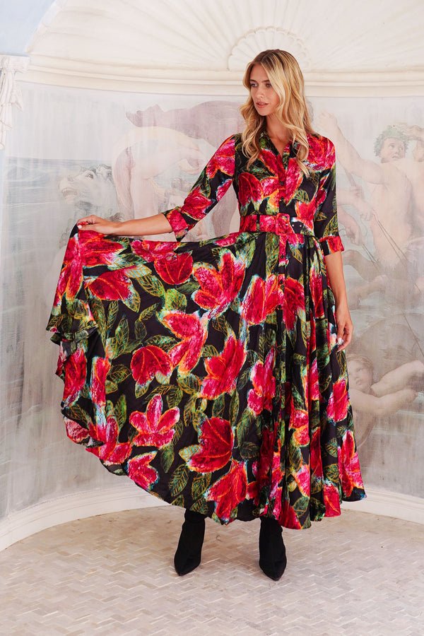 Aster Dress Shirt Collar 3/4 Sleeve Maxi Length Silk Twill (Fiori Cactus) - Black Red
