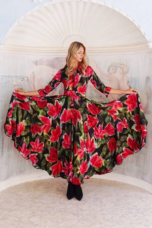 Aster Dress Shirt Collar 3/4 Sleeve Maxi Length Silk Twill (Fiori Cactus) - Black Red