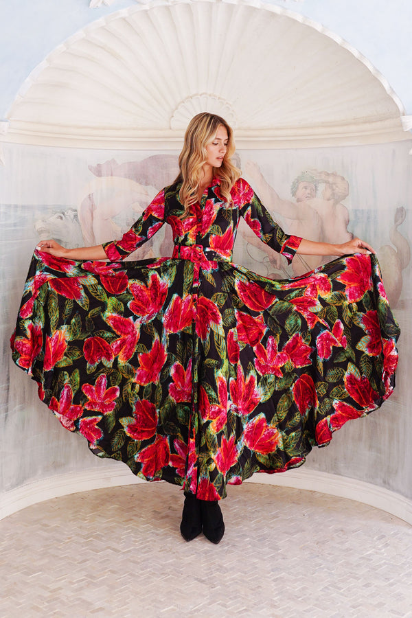 Aster Dress Shirt Collar 3/4 Sleeve Maxi Length Silk Twill (Fiori Cactus) - Black Red