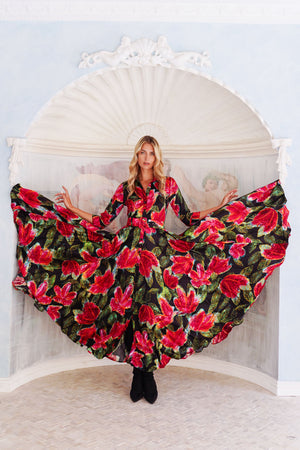 Aster Dress Shirt Collar 3/4 Sleeve Maxi Length Silk Twill (Fiori Cactus) - Black Red