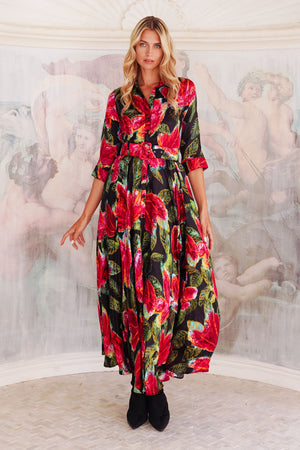 Aster Dress Shirt Collar 3/4 Sleeve Maxi Length Silk Twill (Fiori Cactus) - Black Red