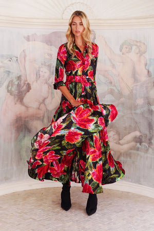 Aster Dress Shirt Collar 3/4 Sleeve Maxi Length Silk Twill (Fiori Cactus) - Black Red