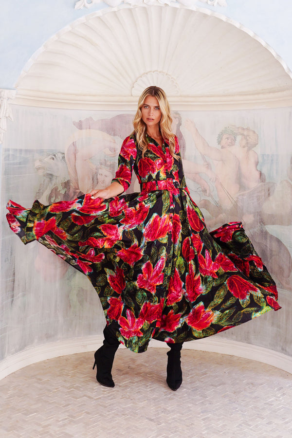 Aster Dress Shirt Collar 3/4 Sleeve Maxi Length Silk Twill (Fiori Cactus) - Black Red