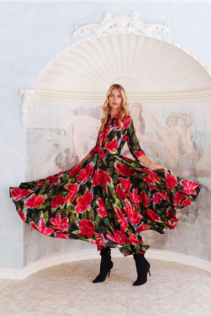 Aster Dress Shirt Collar 3/4 Sleeve Maxi Length Silk Twill (Fiori Cactus) - Black Red