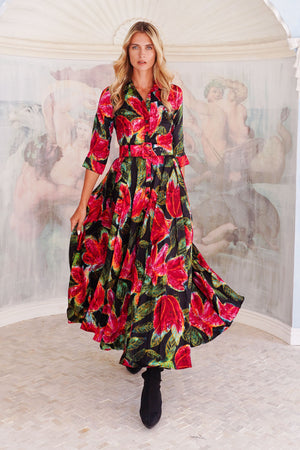 Aster Dress Shirt Collar 3/4 Sleeve Maxi Length Silk Twill (Fiori Cactus) - Black Red