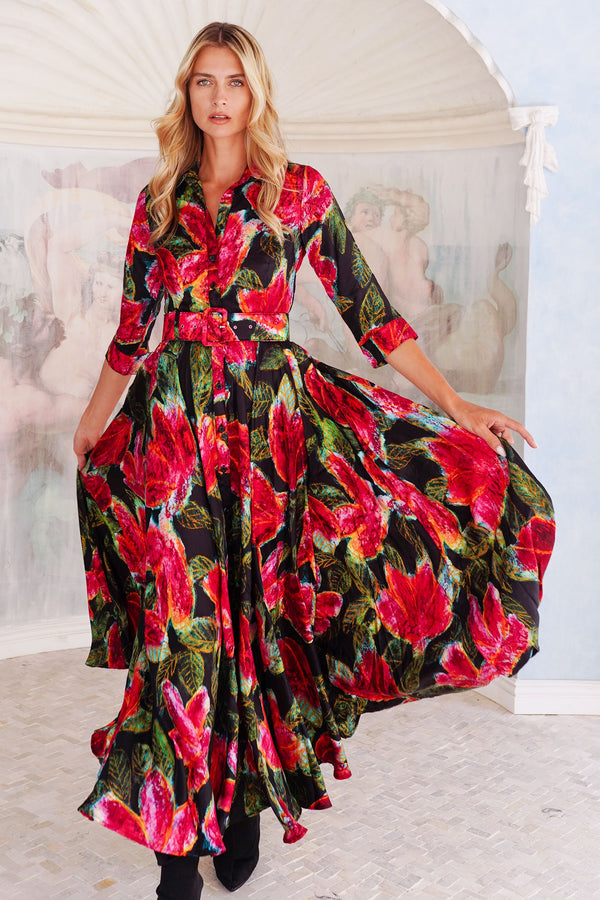 Aster Dress Shirt Collar 3/4 Sleeve Maxi Length Silk Twill (Fiori Cactus) - Black Red