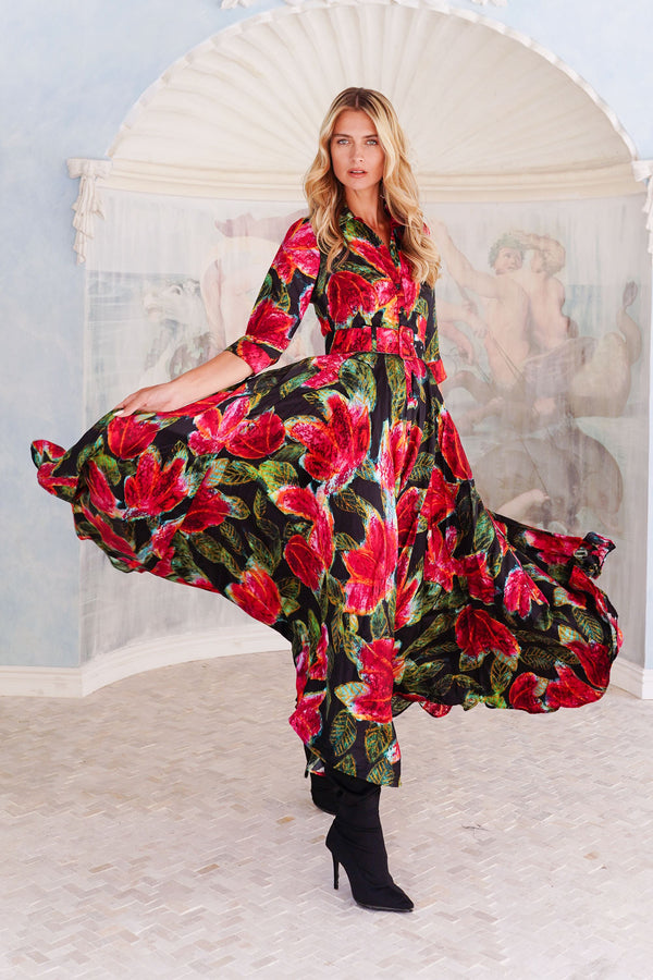 Aster Dress Shirt Collar 3/4 Sleeve Maxi Length Silk Twill (Fiori Cactus) - Black Red