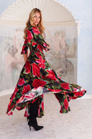 Aster Dress Shirt Collar 3/4 Sleeve Maxi Length Silk Twill (Fiori Cactus) - Black Red