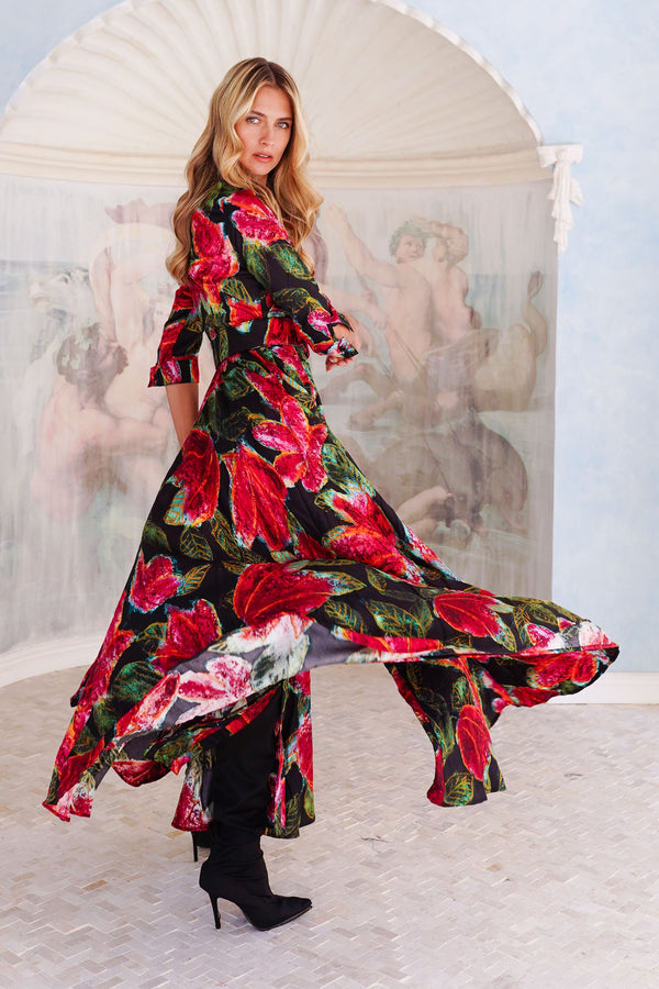 Aster Dress Shirt Collar 3/4 Sleeve Maxi Length Silk Twill (Fiori Cactus) - Black Red