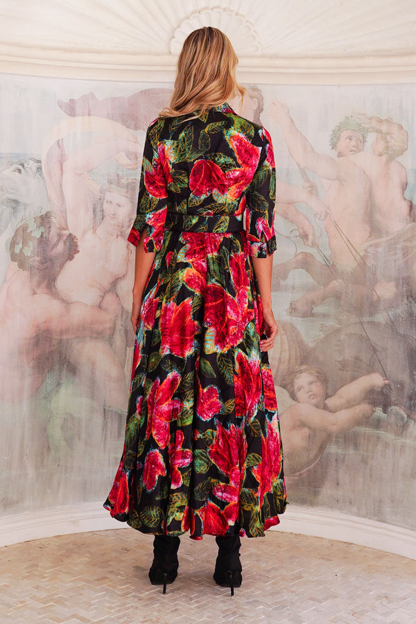 Aster Dress Shirt Collar 3/4 Sleeve Maxi Length Silk Twill (Fiori Cactus) - Black Red