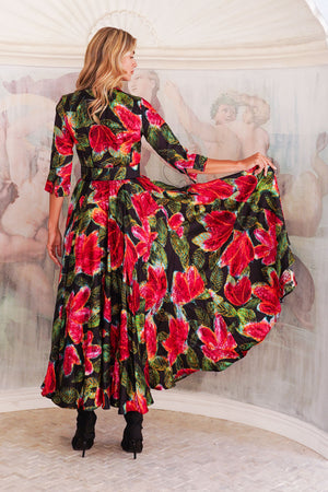 Aster Dress Shirt Collar 3/4 Sleeve Maxi Length Silk Twill (Fiori Cactus) - Black Red