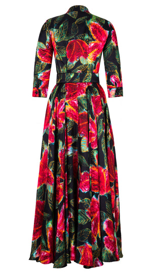 Aster Dress Shirt Collar 3/4 Sleeve Maxi Length Silk Twill (Fiori Cactus) - Black Red