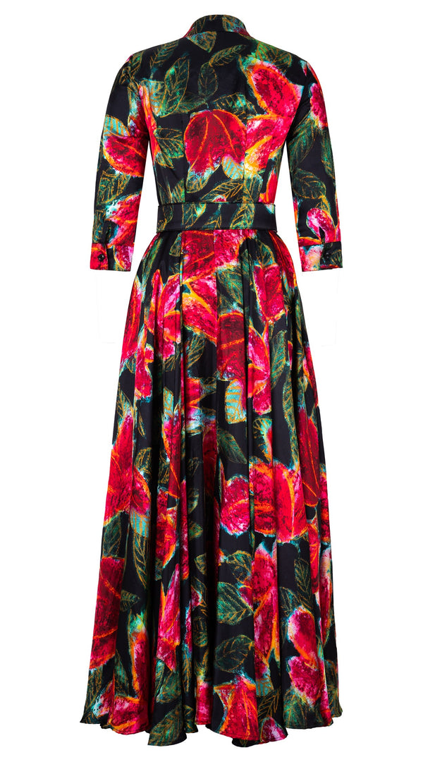 Aster Dress Shirt Collar 3/4 Sleeve Maxi Length Silk Twill (Fiori Cactus) - Black Red