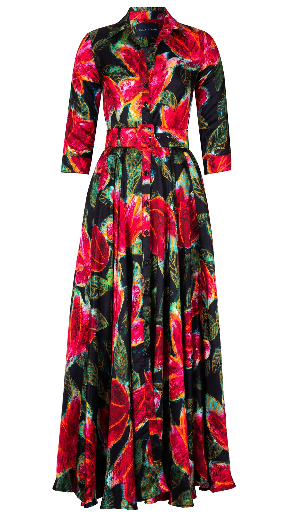Aster Dress Shirt Collar 3/4 Sleeve Maxi Length Silk Twill (Fiori Cactus) - Black Red